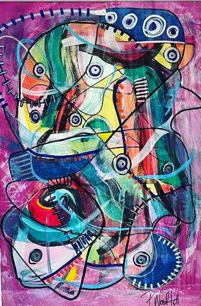 A multi-coloured surrealist painting with multiple eyes, mishappen faces, with blue, yellow, organge and purple colours.